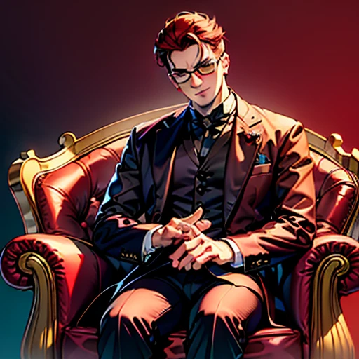 Disdainful eyes, Arrogance, disdain, Coldness,A person sits on a red sofa, whitegloves，Red wine glasses，Bar background，Unremitting eyes，Red sofa，Disdainful eyes, Arrogance, disdain, Coldness，handsome guy in demon killer art,   

