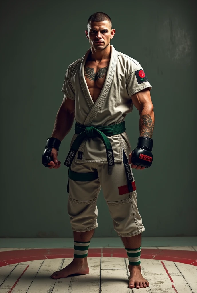 Young white man martial artist, 17 years old, military haircut, black hair, intense blue eyes, intense gaze, affiliated features, no facial hair, height 1.93, weight 93 kg, muscular build, broad shoulders, V-shaped body, Oriental tattoos , full body focus, completely hairless,