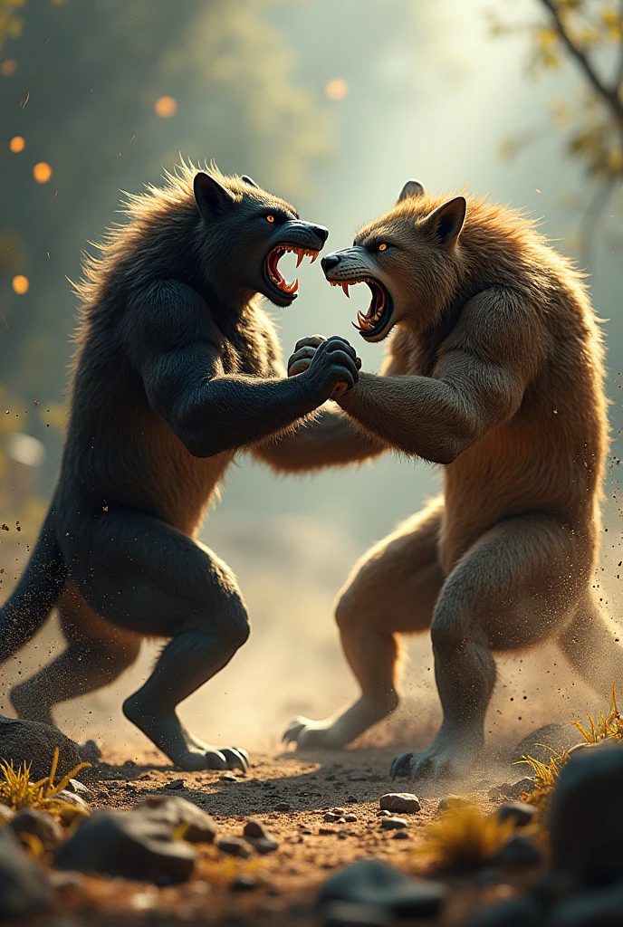 chimpanzee violently attacking quadruped brown hyena