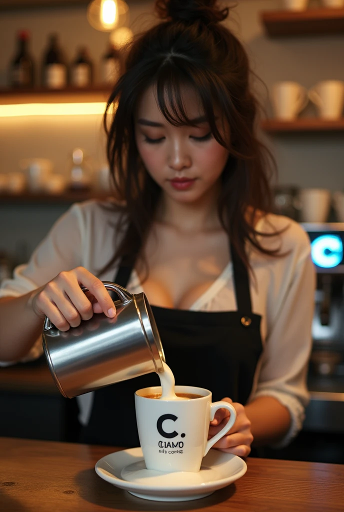 (best quality,highres), A beauty in a Starbucks uniform makes coffee, Big breast、just wearing naked apron、full body, naughty seductive pose, vivid colors,portrait,detailed eyes and face,dark hair,beautiful lips,expressive eyes,natural lighting,smoky eye makeup,curly hair,starbucks branding,coffee machine,morning scene,hot steaming coffee cup,caffeine boost,warm atmosphere,barista style,polished nails,professional lighting,playful expression,intense gaze,aroma of freshly brewed coffee,caffeine addiction,barista skills,aromatic coffee beans,sexy smirk,confident posture,enticing aura