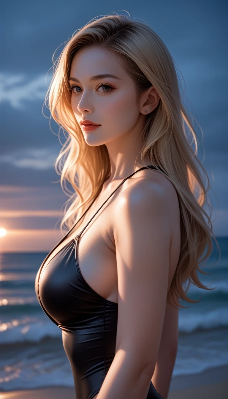 （lifelike， high - resolution：1.3）， 1 girl with a perfect body，slender body, blonde hair,  Super fine face and eyes，boho bob hair，blonde hair,  transparent body suit：1.2，Expose cleavage, large breasts, cleavage