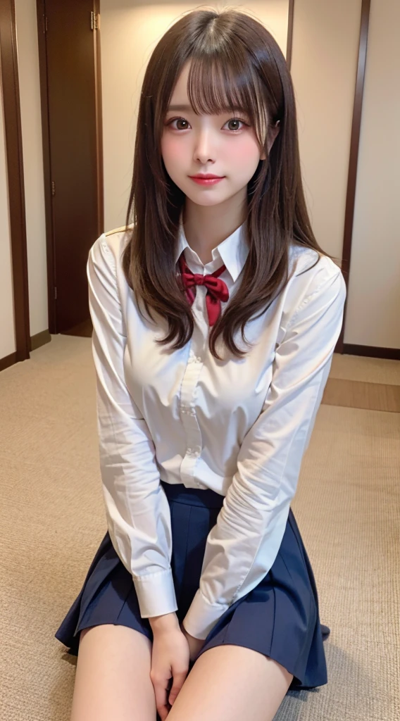 low angles, girl, Solo, (Looking at Viewer:0.9), Best Quality, Ultra-detailed, High resolution, (Photorealistic, Realistic, Photorealsitic:1.2), 18year old, Bangs, (Smile:0.3), (thighs thighs thighs thighs:1.2), Panchira, Part of the white pants are hidden by the plated skirt, in a school, School uniform, lowfers, White neckerchief, Long sleeves, Cosplay, knee high, Holding, ((checked skirt)), Bangs, Realistic, pantyshot, Long hair, Sitting, , Black hair, Pleated skirt, Low leg panties, (White panties), School_uniform,School_uniform