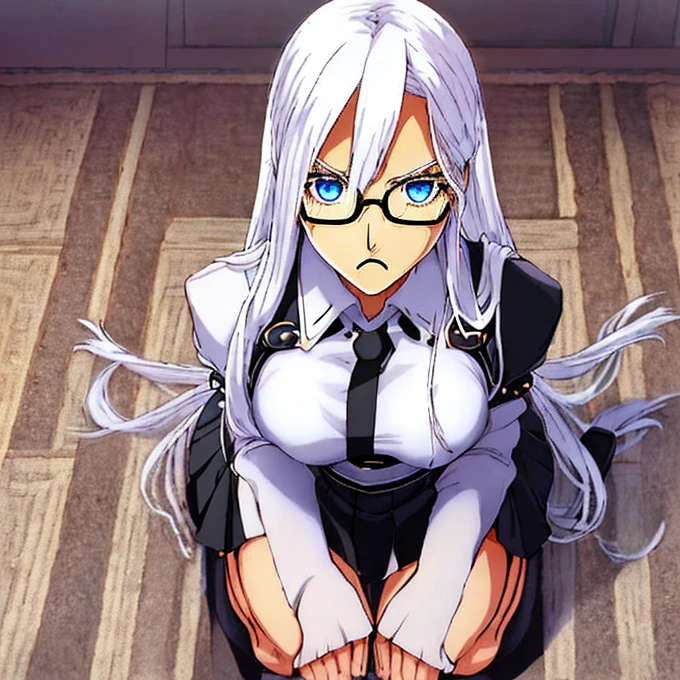 StoneOcean, 1  , skin fair, work of art, best qualityer, portrait, black japanese school uniform, round glasses, medium and long white hair all over body , big boobies , perfectbody  , black kneeling mini skirt  ,