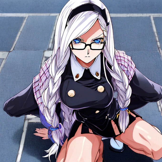 StoneOcean, 1  , skin fair, work of art, best qualityer, portrait, black japanese school uniform, round glasses, medium and long white hair all over body , big boobies , perfectbody  , black kneeling mini skirt  ,