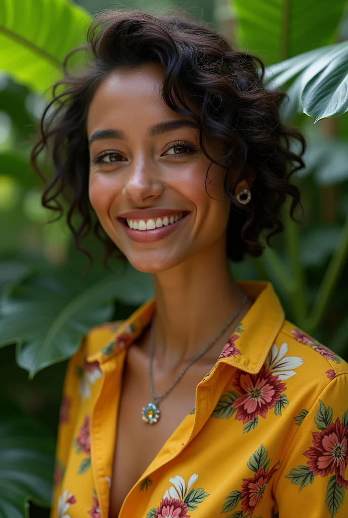 A Brazilian woman in a lush tropical garden, wearing an open shirt with a floral print, with a close-up capturing the harmonious beauty between her breasts and the natural flowers, showing off your natural charm and outgoing personality.