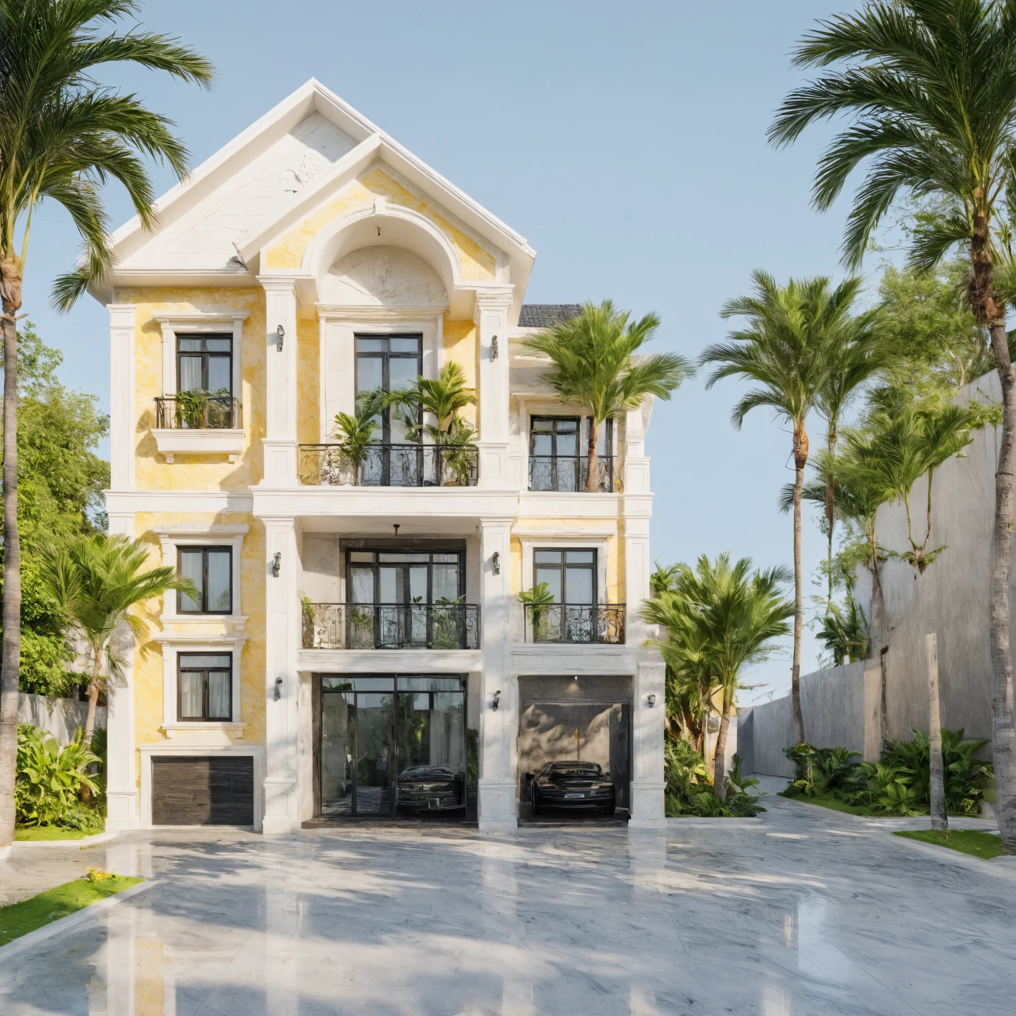 modern villa on street, {yellow|gray|white} tone, marble wall, black detail, granite tiled stone,clear sunset sky, lush greenary, black frame door, facade lamp, car, palm tree, (RAW photo, masterpiece, best quality,ultra-detailed, extremely delicate and beautiful, highresolution, best shadow:1.1), (Faint light,Damp atmosphere, sad mood, Light rain :1.2)