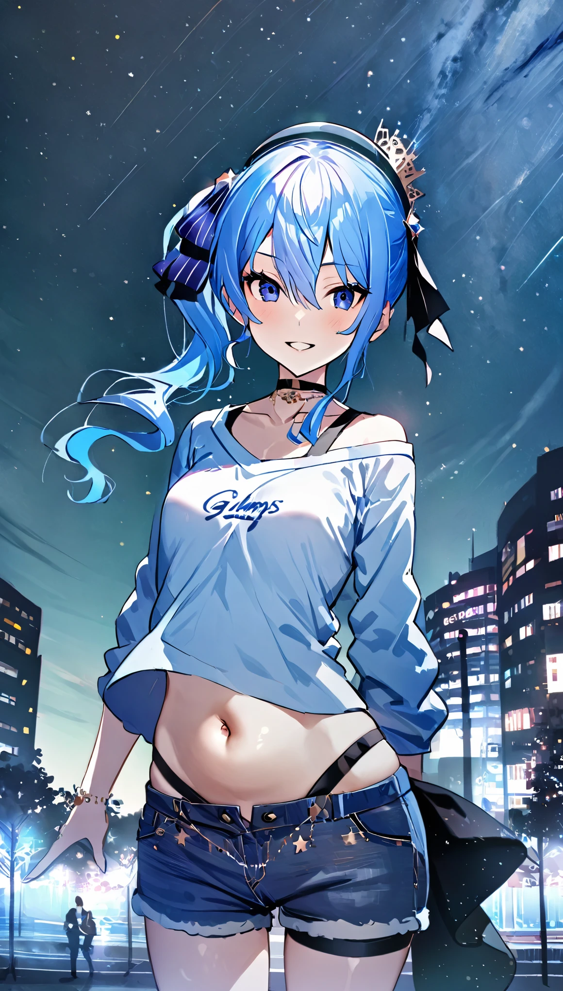 (8k、Best image quality、highest quality、masterpiece)、Detailed face、 1girl、Blue Hair、Long Hair、sideponytail、dark_blue_eyes、smile,(navel:0.6),Moderate_torso、small_breasts,((White T-shirt))、Off the shoulder、Black shoulder straps、(open_front_denim_short_shorts:1.2)、Shoot from below、City Background, starry_sky_landscape ,hoshimachi suisei, slender,(covered_nipples:0.3), (belly button:1.2),nihil,solo,stargaze,girl_looking_up_sky,(abs:0.6)