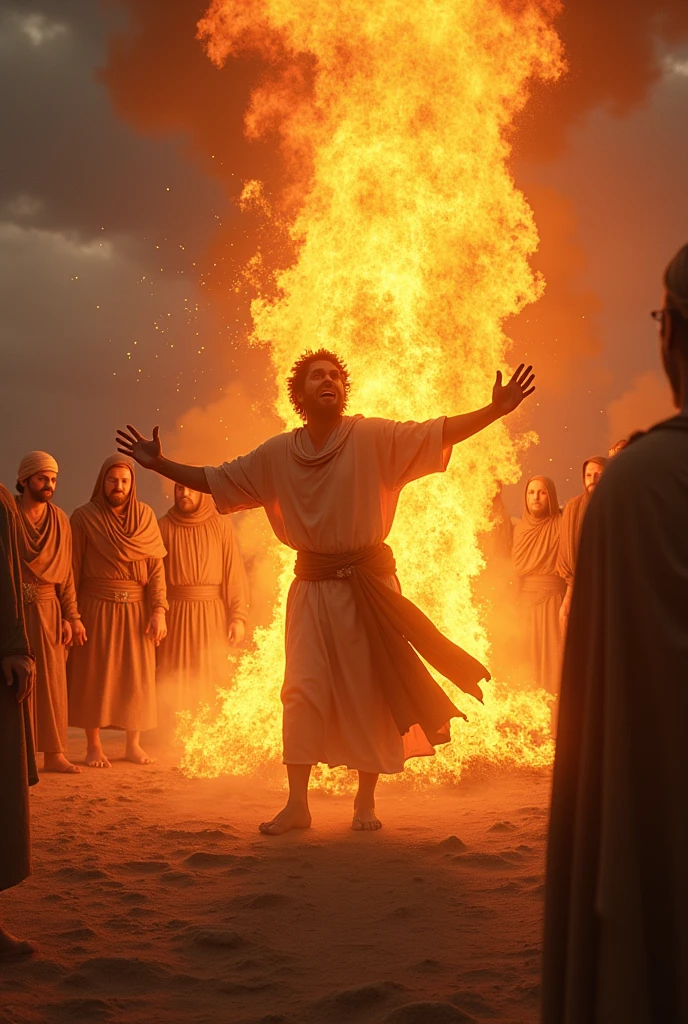 "Create a cinematic and intense scene of the biblical prophet Elijah calling down fire from heaven. Elijah, standing tall and confident in his robe, raises his hand towards the sky as a powerful column of fire descends onto a stone altar. The altar, surrounded by twelve large stones, is drenched with water, and the flames consume the sacrifice in a dramatic burst of light. Surrounding the altar, the prophets of Baal are depicted in various states of despair and shock. Some are on their knees, with torn clothes and self-inflicted wounds from desperate attempts to summon their god, while others stand with arms raised in disbelief, their faces contorted in fear and anguish. The background features a barren, rocky landscape under a dark, stormy sky. The intensity of the scene is enhanced by dramatic lighting, with the fire casting harsh shadows and illuminating the terror on the faces of the false prophets. The overall atmosphere should evoke a powerful sense of God's overwhelming might and the futility of false worship."