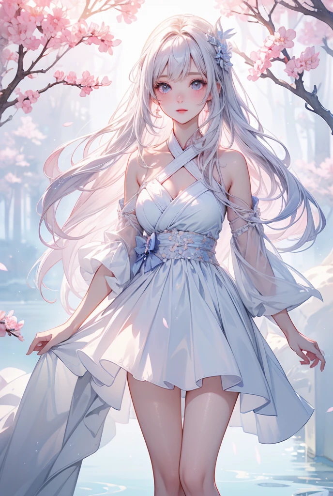 (best quality:1.5), (ultra-detailed:1.5), (()), ((best quality)), (high resolution), (illustration), (an extremely delicate and beautiful), (ultra detailed beautiful face and eyes), 1girl, leaning forward sharp focus, ray tracing, 1girl, silky hair, multicolored hair, White hair(inner color Cherry blossom ), pale white kimono, japanese kimono, background(sakura tree, day light), eye color(White pink, high definition, inner eye sakura),volumetric lightning, Feet, Chest emphasis, Toes, Full body picture looking_down, (score_9:1.2), (score_8_up:1.2), (score_7_up:1.2),独奏,Perfect anatomy,(one cute girl:1.3),(Line art:1.3),(Soft atmosphere:1.3),perfect anatomy,(A soft anime-style image capturing a delicate and ephemeral atmosphere),Enhance the anime screencap by adding a watercolor background, further elevating the dreamy and ethereal aesthetic. This scene, now rendered in 16k wallpaper resolution, merges the delicate beauty of the girl with pale skin and white hair with a soft, lush watercolor landscape. The big, intricately designed dress and her captivating eyes are set against a backdrop that mimics the fluid, blending colors of a watercolor painting, adding a layer of artistic depth and emotion. The perspective from above at a dutch angle, combined with the watercolor effect, creates a composition that feels like a floating, dream-like world, glowing aura around her are now part of a canvas that blends reality with imagination, inviting the viewer to step into a tranquil world of soft hues and poetic beauty, all encapsulated within a serene, watercolor dream,BREAK,(best quality:1.3),(best masterpiece:1.3),(very aesthetic:1.2),(absurdres:1.2),newest,(intricate details:1.2),ai-generated,absurdres extremely detailed CG,depth of field,dynamic angle,dynamic pose,high resolution,smile、Laughing、Looking up、Spread your hands