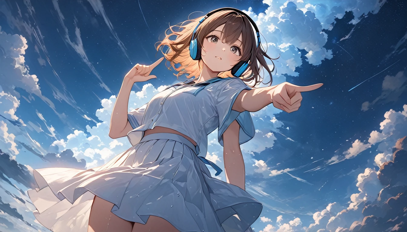 (extremely detailed fine touch:1.3), (((semi-rimless eyewear:1.3))), (headphone:1.2), short hair, blunt bangs, 1 girl, from below, serafuku, short sleeves, mini skirt, (hyper-detailed, flower field:1.2), (hyper-detailed cumulonimbus clouds:1.3)