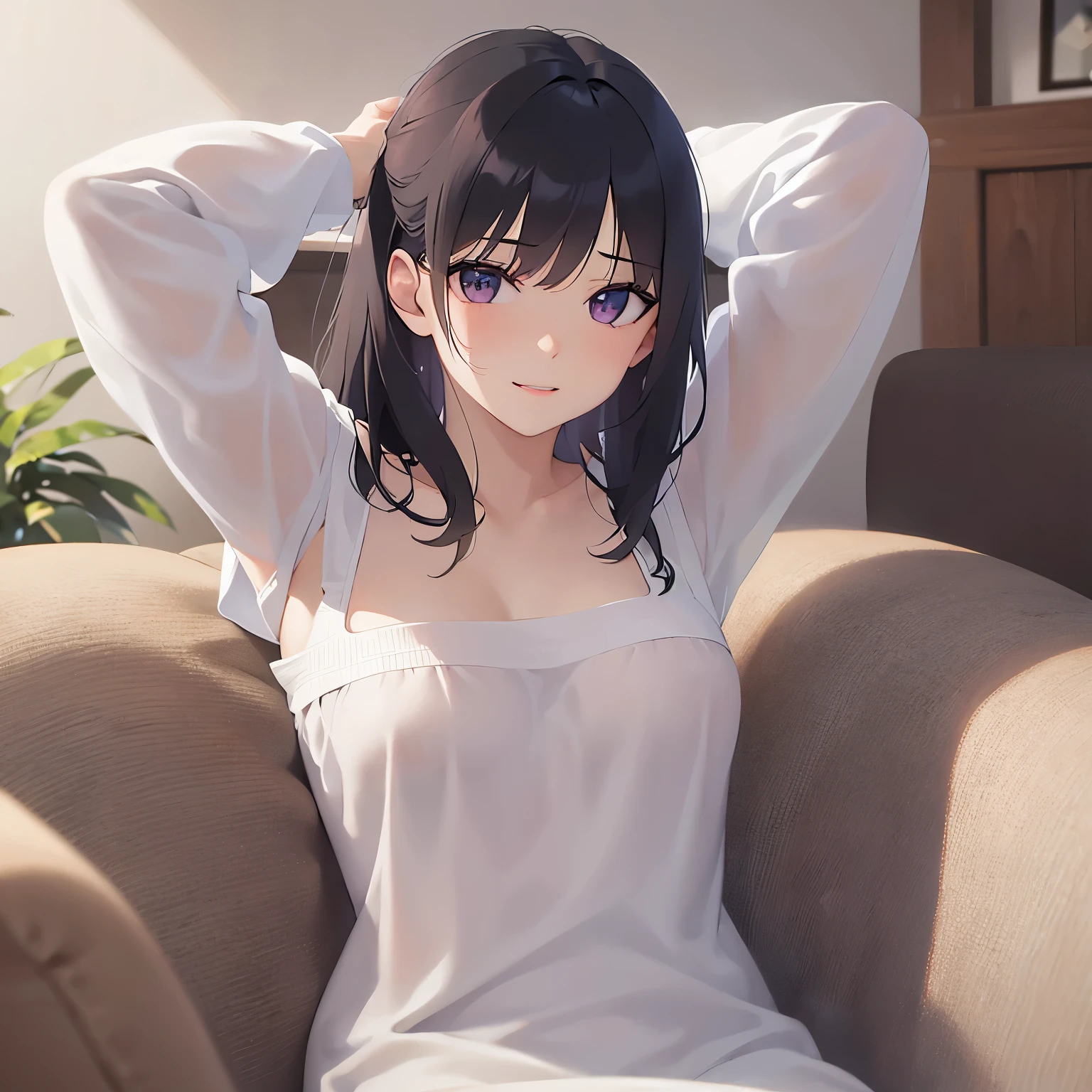 Masterpiece, best quality, delicate eyes, bright colors, delicate skin, 1 girl, housewife, sitting on the sofa, smiling, mouth slightly open, wearing a refreshing nightdress, living room
