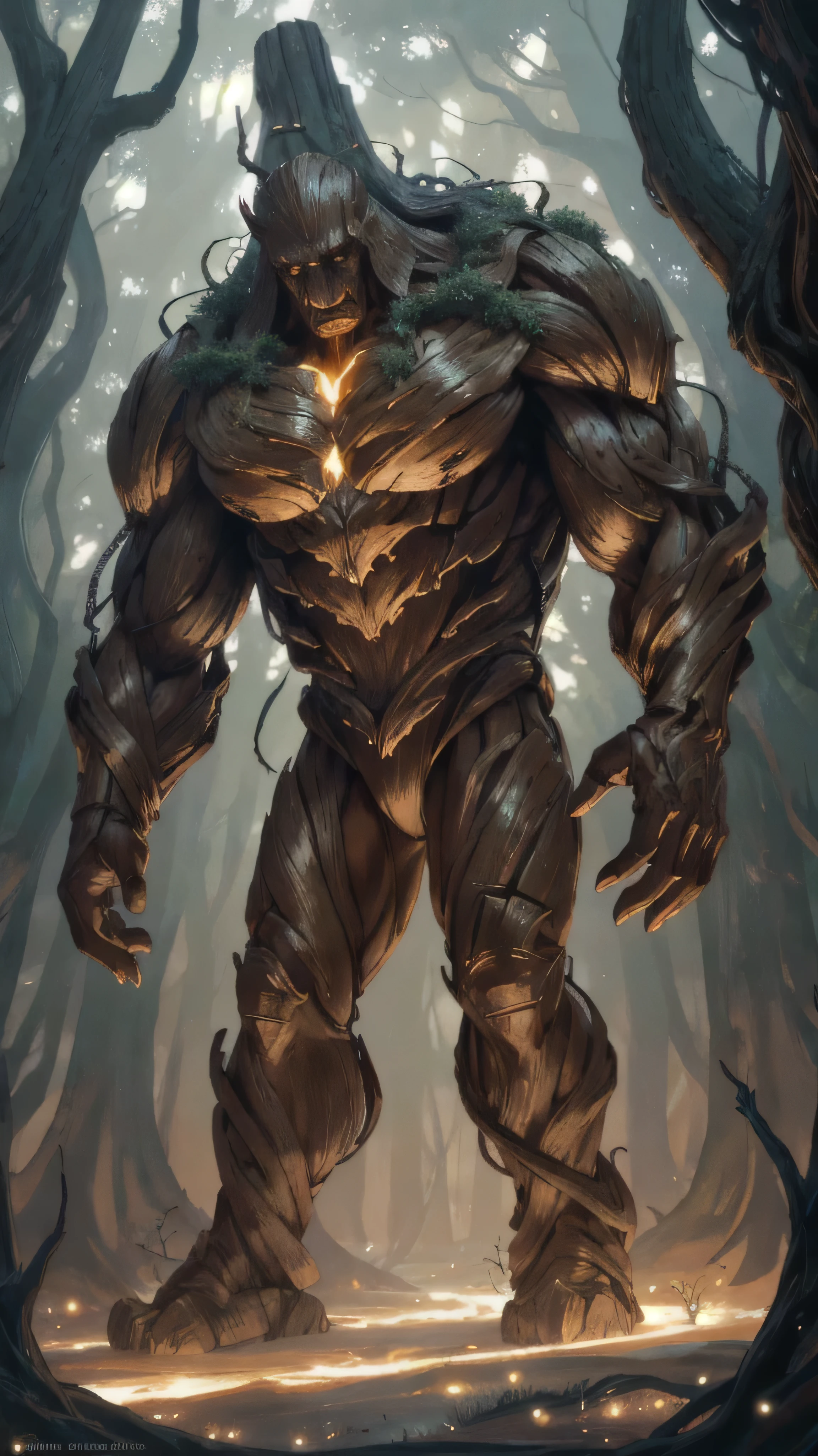 insectoid plant creature, male, elongated tree-like limbs, wooden bark-textured body, leaf-like helmet, sharp features, creature is adorned with red and orange leaves or petals around its neck and shoulders, natural armored look, dynamic pose, misty bluish atmosphere, small floating lights, (insanely detailed, beautiful detailed face, masterpiece, best quality), cinematic lighting, 1man, solo, full body view, (front view), looking at viewer, intricate, high detail, sharp focus, dramatic, photorealistic painting art by greg rutkowski