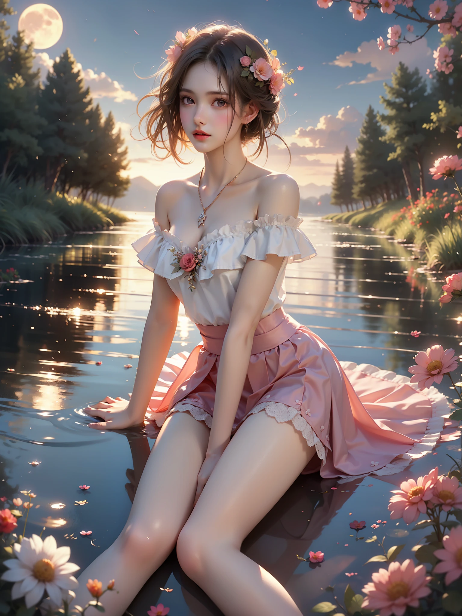  (High quality details), 1 Girl, solo, Young women, Elegant Posture, ((night, moonlight)), (Female figure，Lying position，Lie flat in the water，Relaxed expression), (Focus on natural body posture and correct anatomy:1.3), (Perfect leg proportions:1.3)，(True and accurate leg shape:1.2), ((Natural leg position)), The skirt is very short, One hand stroked the hem of the skirt, Lift the hem of your skirt, Bare shoulders, Natural posture, Soft expression, Exquisite makeup, Soft blush, Bright Eyes, Soft lips, Flower fairy style, ((Anatomically accurate)), (Real natural legs), Smooth skin, Soft lighting, high resolution, 8K Ultra HD, Clear focus, Professional photography effects, Random elegant scenes, Multi-angle shooting