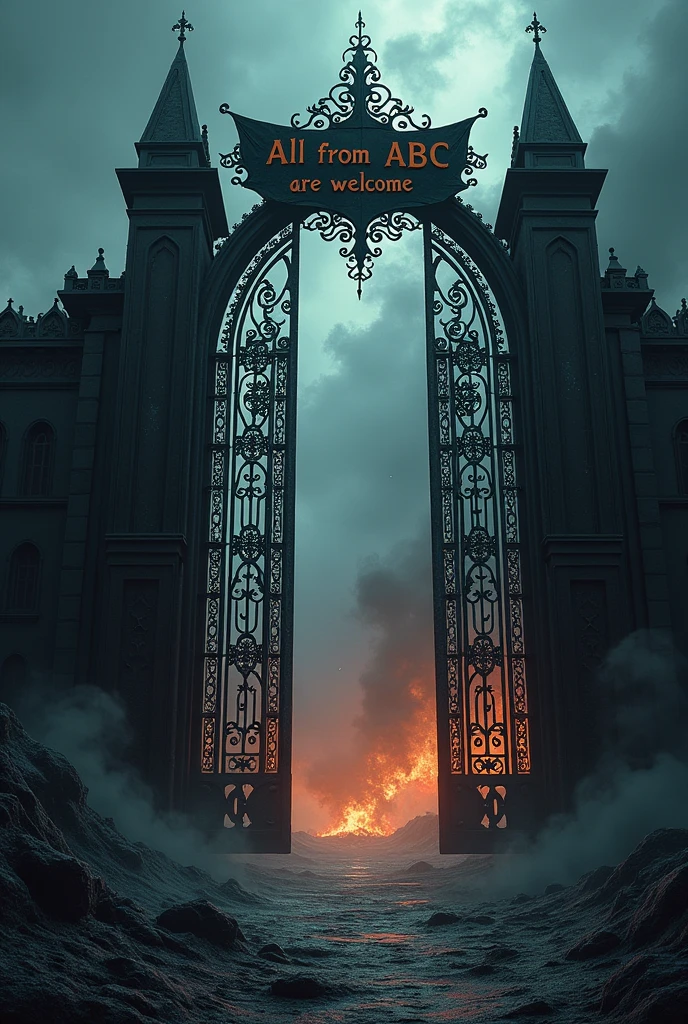 Giant Black Gate,porta de pedra ,Correntes , decorated with black statues of screaming demons,em uma sala branca vazia,fantasia sombria, realista