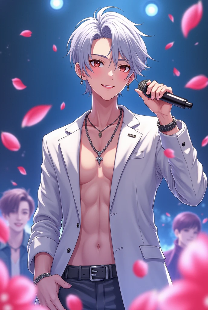 Ultra detailed, Highres, absurdres, HDR, master piece, Fushiguro Megumi, black hair, expressive blue eyes, Jujutsu Kaisen, sexy man holding a microphone, sitting, solo, idol, white idol clothes with trimmings, blue petals, glittering, white gloves, blue flowers, sensual, fantasy, idol stage, concert, horny, erotic, handsome smile, toned chest, black pants