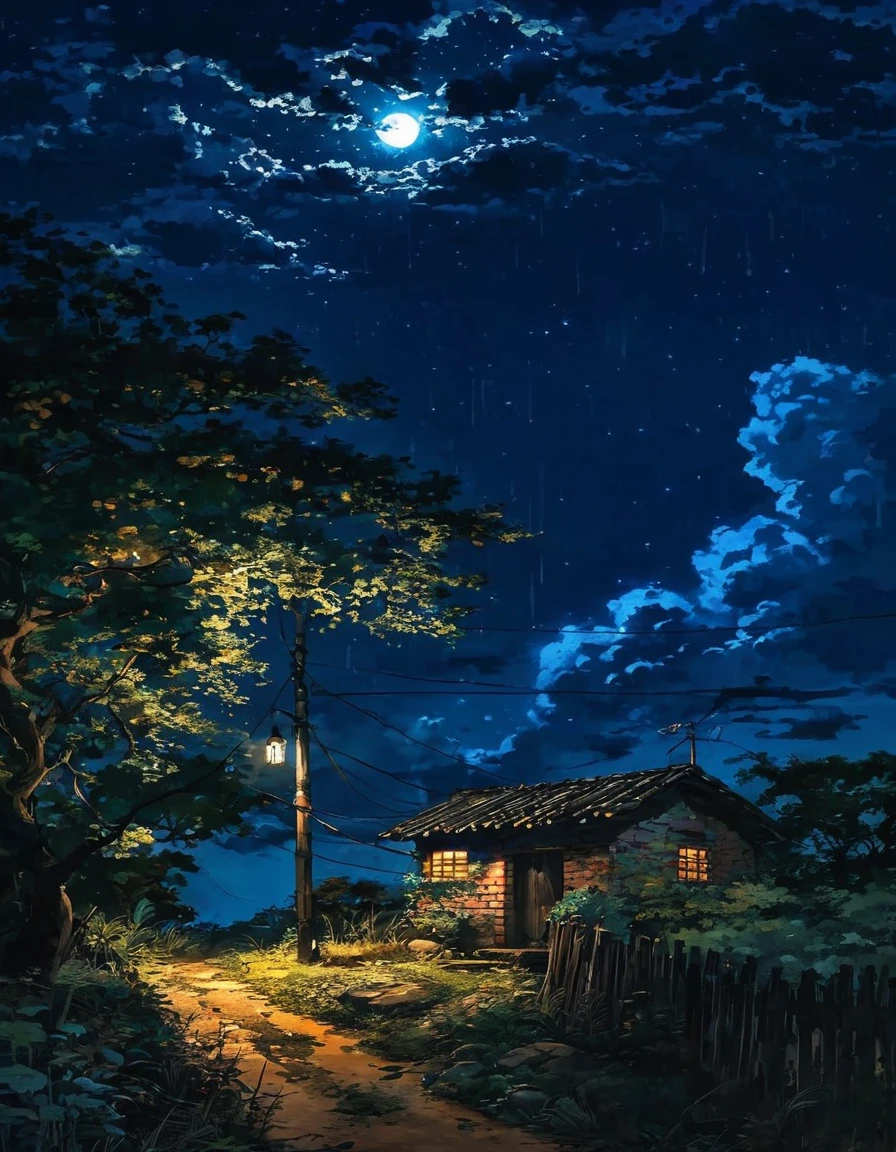 aerial view, an old brick hut, cracked walls, remote hainted location, hanging lamp on pole, wire, dense greenery around, dark, night time, moon hidden behind clouds,warm lit windows, tree branch, muddy path dimly lit by lamp, dim lights, wooden fencing, silence, dreamy, vibrant tones, no one, like a movie scene, cinematic tones, scenic, micro landscape, intrinsic details, dark, micro landscape, intrinsic details