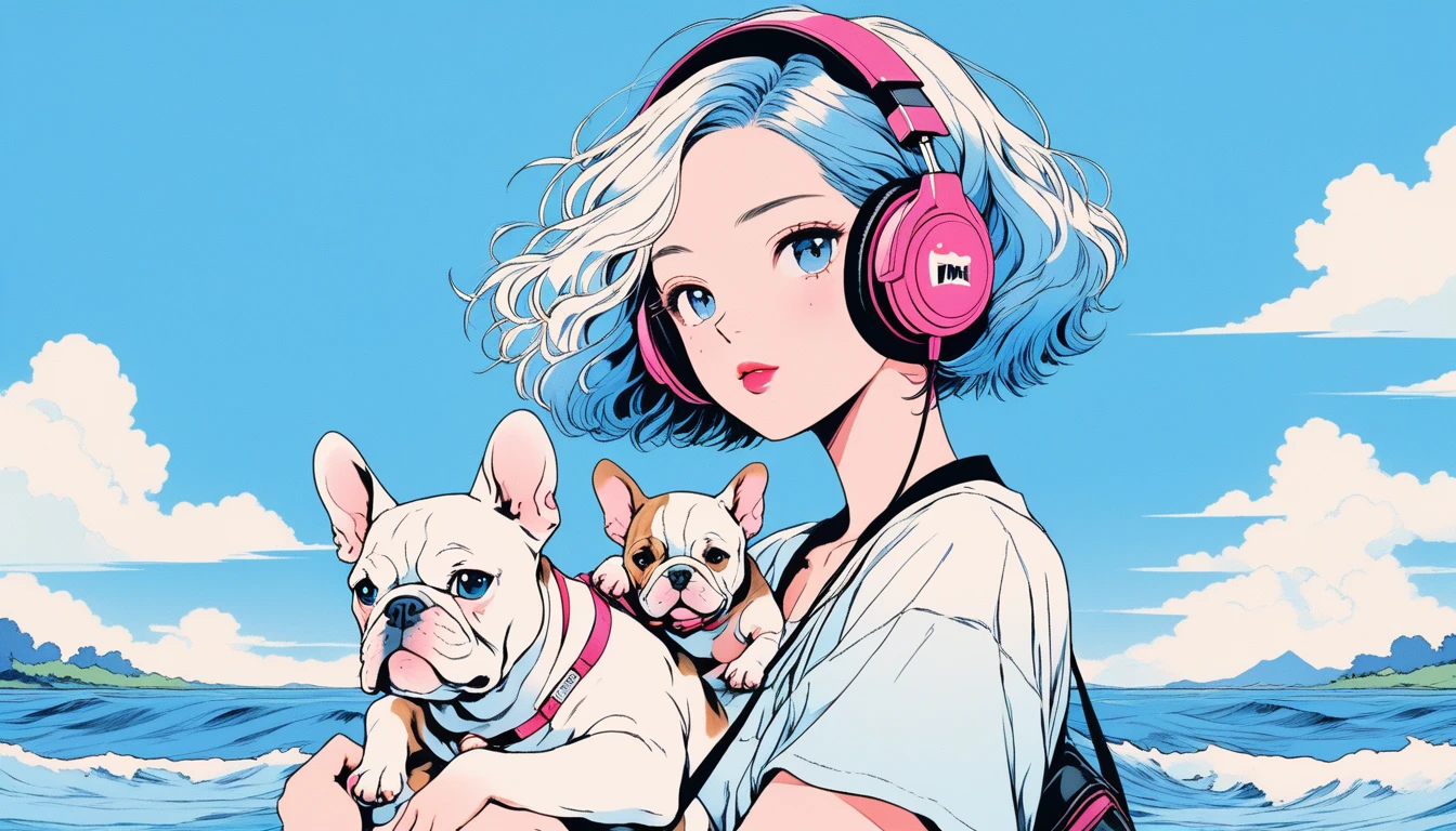 Illustrator, japanese cartoon movies , realistic ,sketch , Adult woman wearing headphones holding cute bulldog puppy, lip, pond、t-shirt,Order,Textured Trim, (masterpiece,best quality) [blue background, Neon hair,Textured Trim, Canadian, (masterpiece,best quality) cancer，summer landscape、Coast、blue sky、white waves、Vision、will