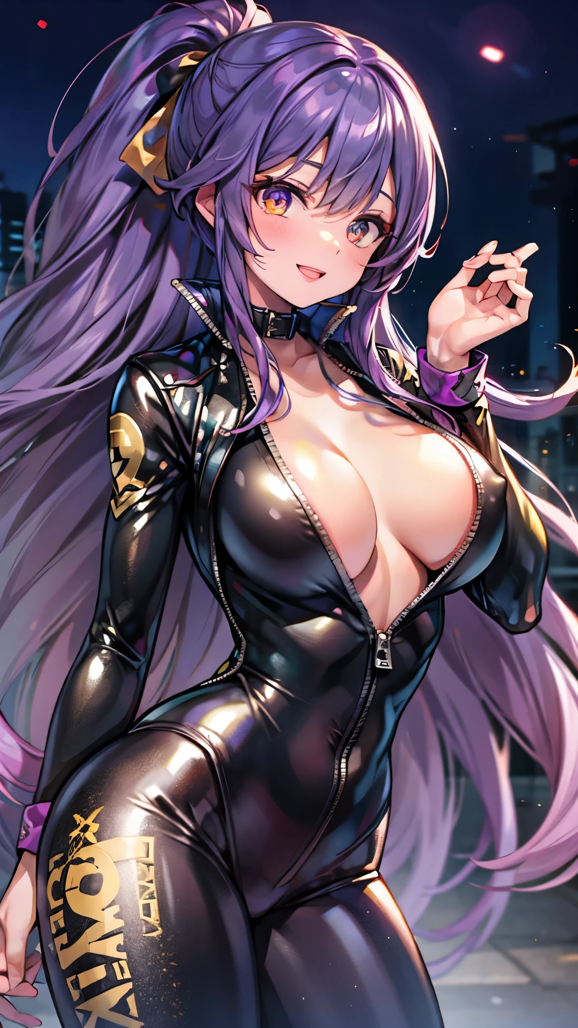 （（super high quality,））（（Ultra-high resolution,））（16K,）（super masterpiece,）（（Ultra HD ,））（Detailed shading,）One sexy mature woman,Tight black riding suit,popped Tight open collar,Long, wavy purple hair with only the ends dyed gold,Purple-tinged golden eyes,Sexy smile,Night view,