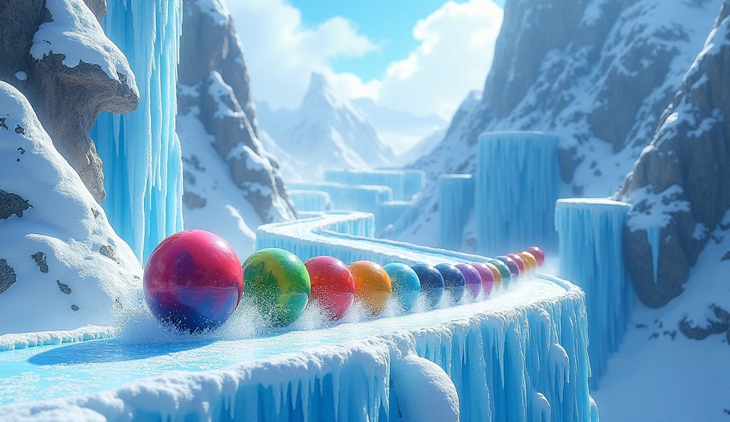 10 colorful marbles roll across a breathtaking marble track carved into the icy heart of a majestic mountain. Feel the ultimate thrill as the colorful  plummet from snow-capped peaks, past frozen waterfalls, icy rapids and treacherous tunnels. Experience the thrill of icy swirls and sharp turns that test the speed and accuracy of each marble. icy adventure with Siberiam Icefield