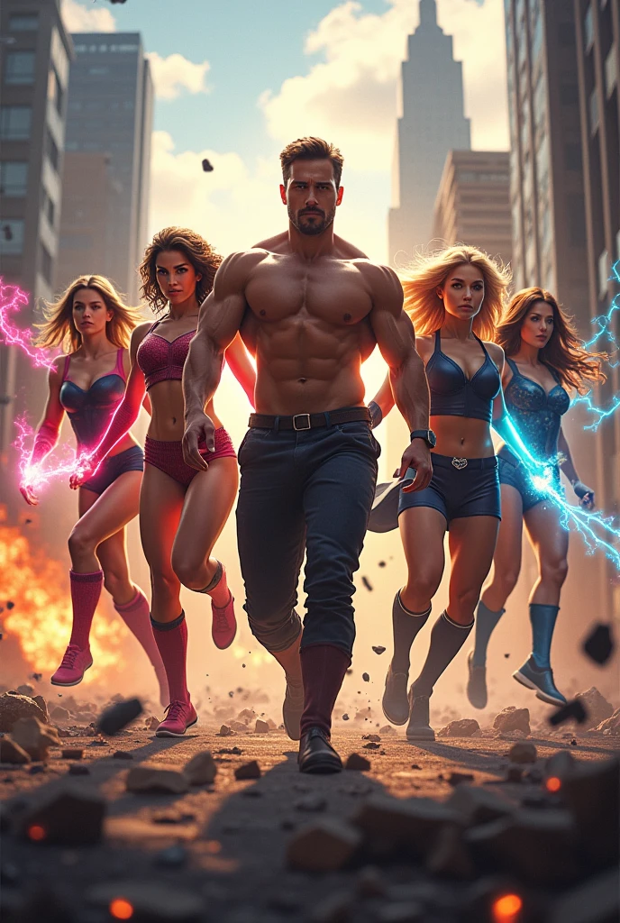 Handsome man surrounded by three women up against him touching him, at gym, without clothes, perfect bodies, long flowing hair, flowers in hair, seductive, materials, golden hour, , jewelry, golden hour, photorealistic