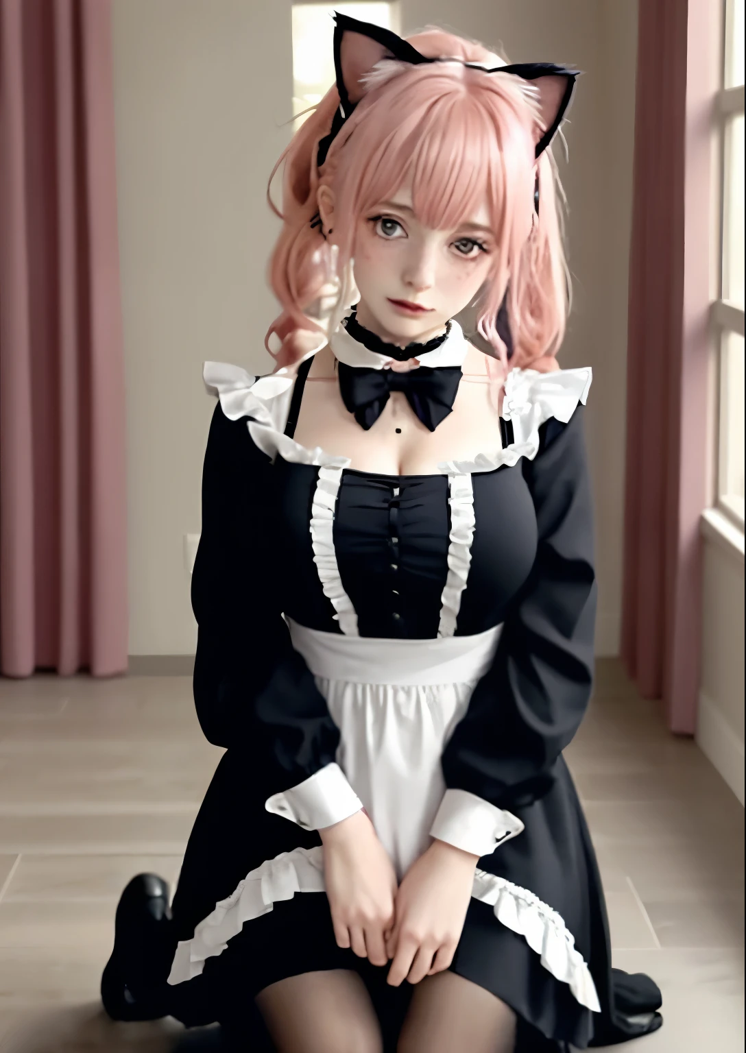 1girl,egirlmakeup, messy hair, messy ponytail, messy bangs, pink hair, big breasts, collar, indoors, looking at viewer, facing viewer, pale skin, cat ears, blush, blushing, kneeling, looking at viewer, head tilt, black maid dress, black maid uniform, bowtie, long sleeves, freckles