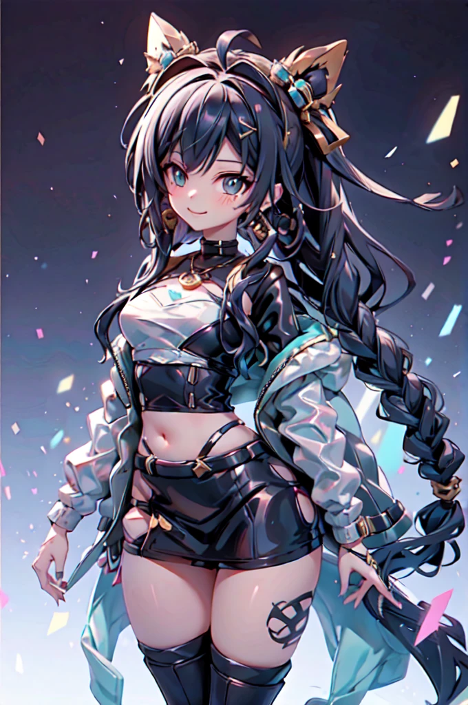 Official art, Unity 8k Wallpapers, ultra-detailliert, Beautifully Aesthetic, masterpiece, top-quality, realisitic, a closeup, Skindentation, interface, A detailed eye, A detailed face, detailed hairs, black backgrounds, straight-on, looking at the viewers, The sheen, Anime, looking at viewer with a cigarette in her mouth, Long transparent iridescent RGB hair, 1girl in, Solo, fronds, Long hair, Blurry, Shirt, Parted lips, Outdoors, Floating hair,huge tit,The bikini,, ((nude, breasts and genitals exposed, vulva and clitoris exposed)),Bangs, Upper body, Open mouth, tusk, Brown eyes, Wind, Winters,Yuki,snowscape,Blurry background, day, depth of fields, bug, genshin impact, yunjin,,a black,black color hair