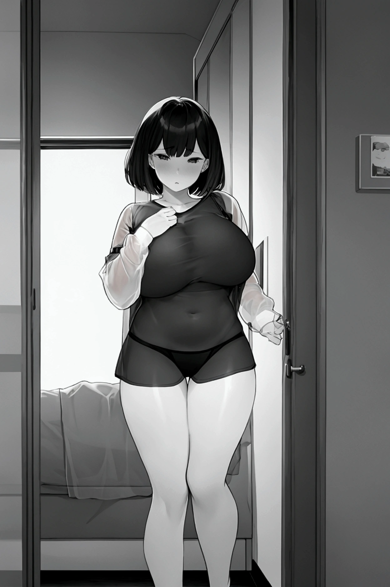 nsfw,1girl,stand,black hair,red eyes,front View,nipple,large areolae,arms,puffy nipples,Androgynous,(Curvy),masterpiece, best quality, very aesthetic, absurdres,straight-on,dynamic angle,pov Crotch,nude,lying,long legs,(Steaming body:1.5),(medium shot:1.5),(tights:1.4),(open:1.5)