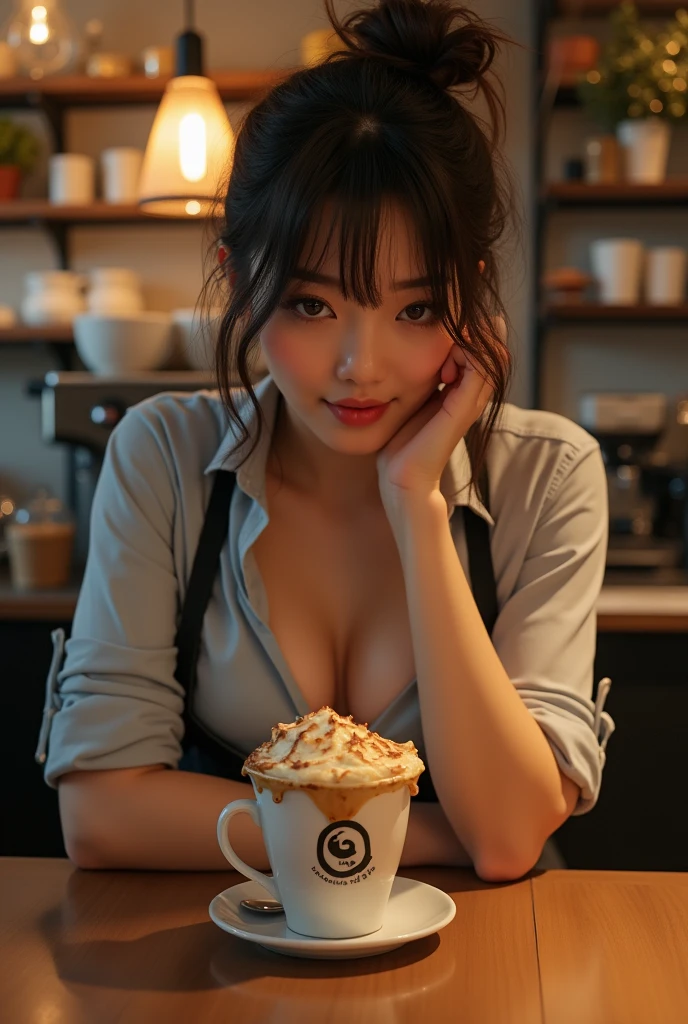 (8k, Best Quality, masterpiece:1,2), (realist, photo-realist:1,37), top quality, masterpiece, A pretty woman, I want to drink coffee, a cup of coffee, Elegant style. Indonesian women&#39;s style., white and clean skin, pretty eyes, medium hair, She wears a watch and is naked