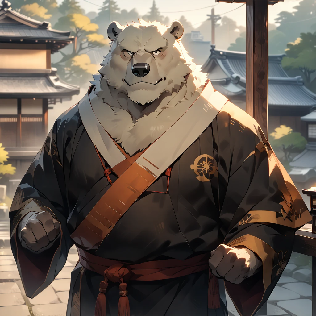 masterpiece, best quality, very aesthetic, absurdres, [face:full body:0.25], from above, chief priest, plump middle-aged Japanese polar bear man, fluffy body, brown eyes, beautiful beard, male face, big face, square jawline, male eyes, sharp eyes, big eyes, male eyebrows, innocent look, BREAK light smile, kesa, black wear, dynamic pose, BREAK [simple background::0.25], morning, kyoto, Japanese temple, outdoor,