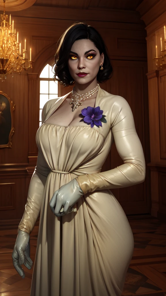 Alcina,yellow  eyes,Bblack hair,shorth hair,
white dress with flower,ha,single earring,neckleace,necklase,black gloves,
trunk,brooch,
looking at the viewer],ssmile,
castle,inside the house,natta,
(incredibily detailed, beautifull detailed face, beautiful detailed eyes, work of art, best qualityer),standing alone,