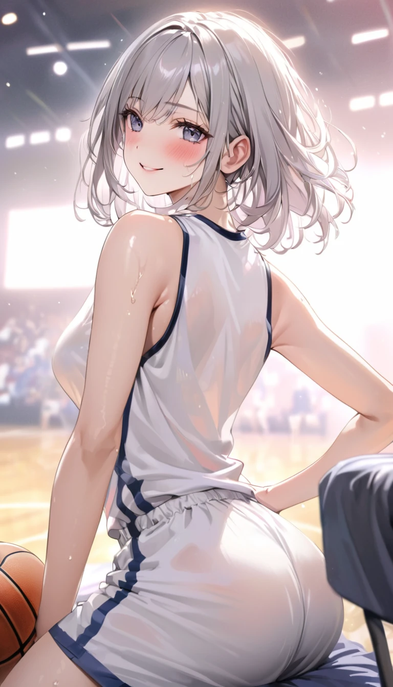 Shenzhen, Long grey hair, Beautiful Face,smile,Close up to the hips, Medium Breast:1.1,Sitting on the bed,Wearing white pajamas, (【Open your mouth:0.4),【An illustration,Delicate texture,Very detailed(Realistic),Portrait Style,Vibrant colors,Soft lighting. blush,(((Basketball Sleeveless Uniform)))、,(Wet with sweat),,Looking Back,Basketball Court,Transparent,whole body