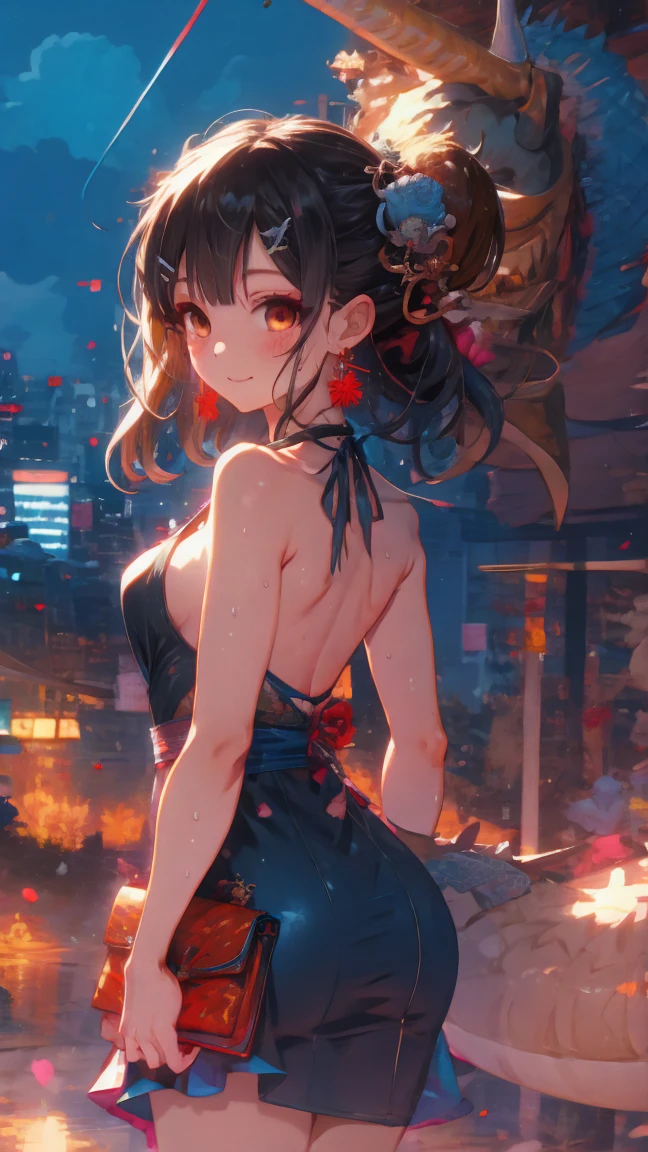 (from behind,back focus:1.4),Dragon and girl,1girl,(Miyu Edelfelt),loli,cameltoe,black hair,brown eyes,seductive smile,solo,big ass,tail,colored skin, jewelry, dress,bare thigh,necklace, bangs, hair ornament, bare shoulders, side ponytail, halterneck, plunging neckline, sidelocks, halter dress, backless outfit, silver dress, nail polish, backless dress, solo, closed mouth, blush, bag, revealing clothes, earrings, hairclip, handbag, sweat, see-through, evening gown, thighs, blue nails, flat_chest, official alternate costume, covered nipples, hair between eyes,, best quality, amazing quality, very aesthetic, absurdres,