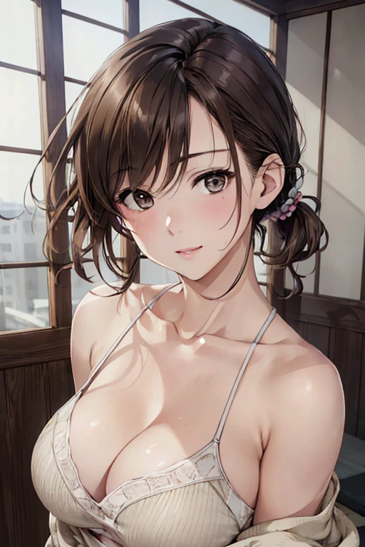 (masterpiece:1.3), (8k, Photorealistic, RAW Photography, Top-class image quality: 1.4), Japanese schoolgirl、(Random Hairstyles:1.2)、From the cleavage of the breasts:1.2、Ultra detailed face、Attention to detail、double eyelids、Put your chest close、Sharp focus:1.2、Beautiful woman:1.4、Light brown hair、Highest quality、masterpiece、Ultra-high resolution、(Photorealistic:1.4)、Highly detailed and professionally lit smile、Loose, lightweight knitwear、Shoulder out、thin、Serious expression、Short-haired、Deadly position