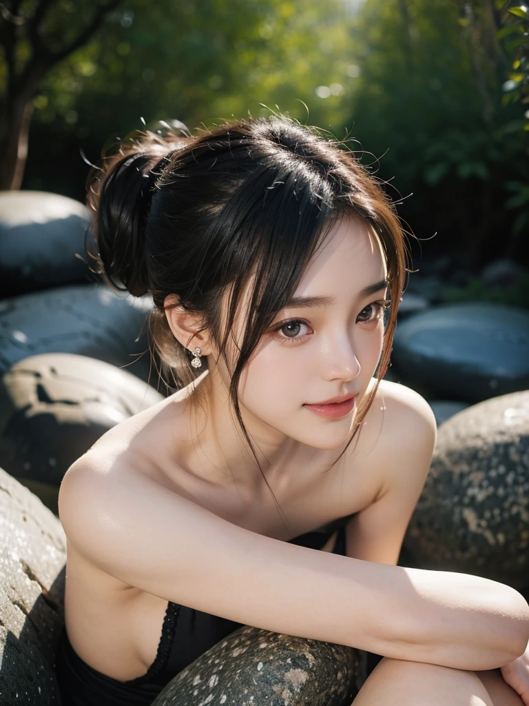 (Close up portrait of naked girl with slender small breasts and ponytail hair:1.5)、(Naked cute girl in the onsen outside:1.3)、(Beautiful blue sky:1.5)、(Perfect Anatomy:1.3)、(No mask:1.3)、(complete fingers:1.3)、Photorealistic、photography、mastepiece、top-quality、high resolution delicate and pretty、face perfect、Beautiful detailed eyes、Fair skin、Real Human Skin、pores、((thin legs))、(Dark hair)