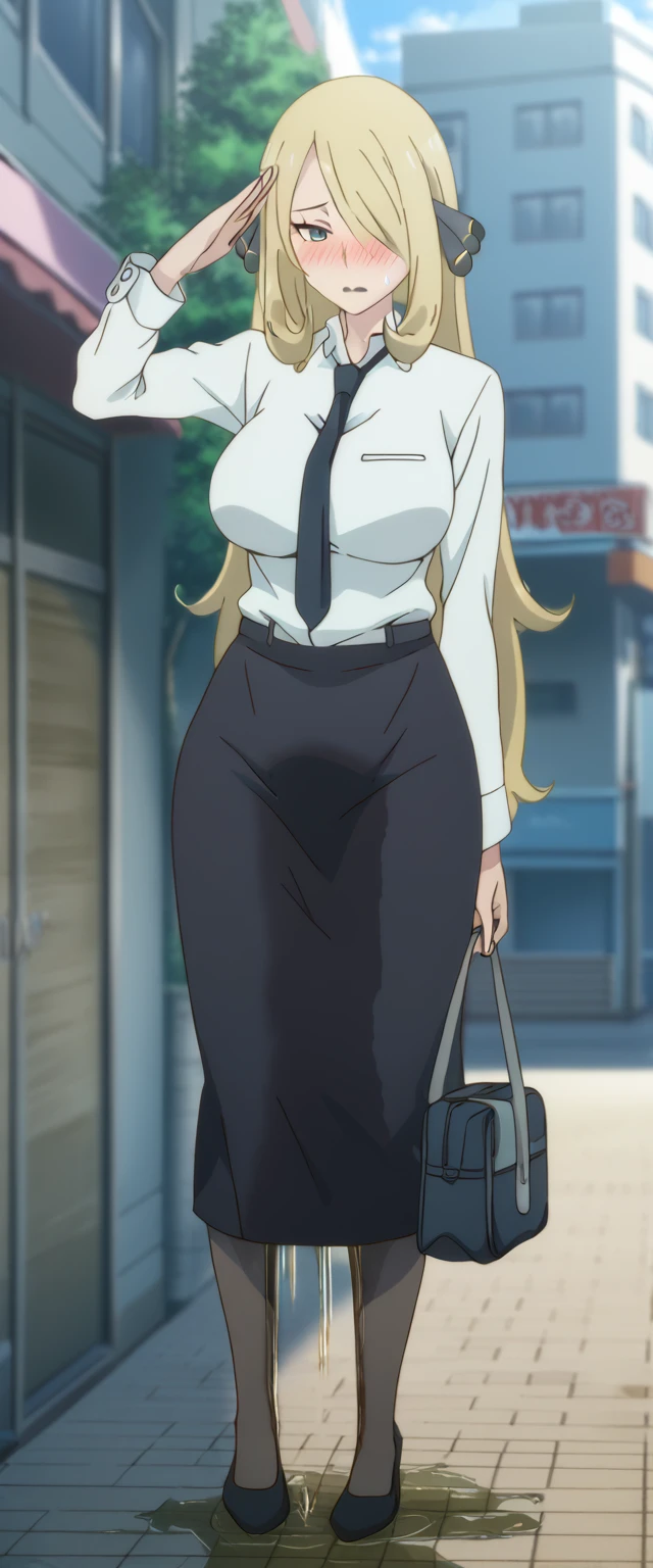 (high quality,Very detailed:1.37, High resolution), 2d, anime, anime style, anime source, Woman, Cynthia \(Pokemon\), business suit, necktie, (long skirt:1.25), (pencil skirt:1.5), pantyhose, huge breasts, cleavage, looking at viewer, masterpiece, best quality, (wetting self:1.5), desperation, embarrassed, humiliation, (blushing:2.0), (black lipstick:1.25), standing, (salute:1.5), city