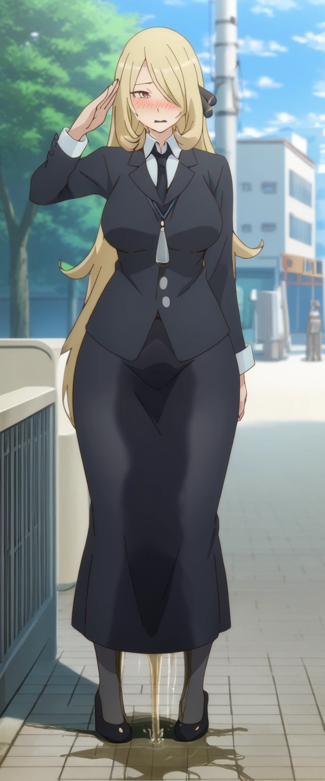 (high quality,Very detailed:1.37, High resolution), 2d, anime, anime style, anime source, Woman, Cynthia \(Pokemon\), business suit, necktie, (long skirt:1.25), (pencil skirt:1.5), pantyhose, huge breasts, cleavage, looking at viewer, masterpiece, best quality, (wetting self:1.5), desperation, embarrassed, humiliation, (blushing:2.0), (black lipstick:1.25), standing, (salute:1.5), city