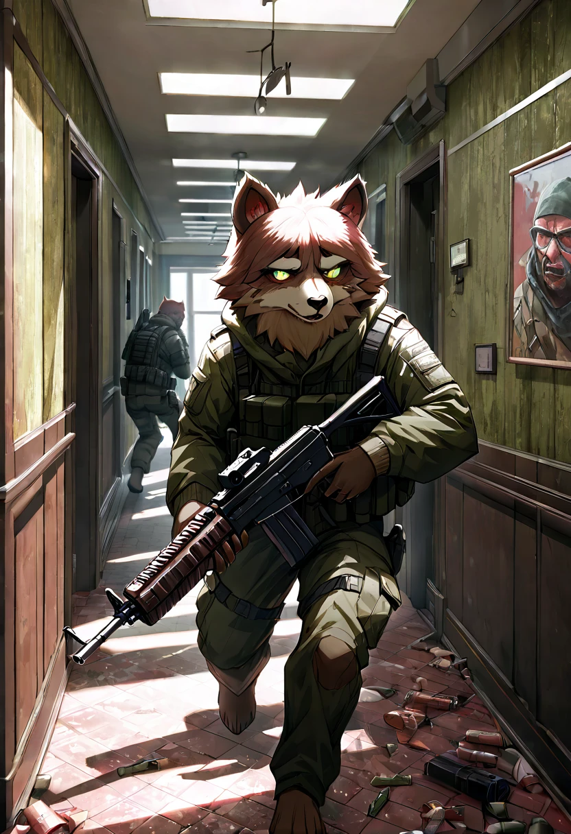 dynamic angle, top quality, best quality, High-quality illustrations, ((((escape from tarkov,))))  BEAR  pmcs, masterpiece, super high resolution, detailed background, detailed background, biohazard, Dim hotel hallway, gun fight, ak74 detailed, game package, absurdres(highly detailed beautiful face and eyes)perfect anatomy, expression, good lighting, cinematic shadow(furry anthro),