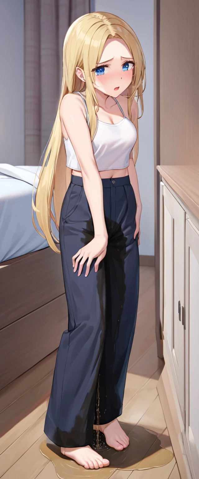 ((best quality, masterpiece:1.3, 8K)), (detailed), highly detailed face and skin texture, detailed eyes, bedroom, full body, slender body, 1girl, 25 years old, white skin, blue eyes, bright lips, scared,worried, embarrassed, panicking, blond hair, straight hair, long hair, (forehead:1.0), blue eyes, white croptop, no sleeves, navel, jeans pants, flares jeans, blue jeans, barefoot, peeing jeans, peeing pants, pee stain, (wetting herself:1.5, desperation:1.5),