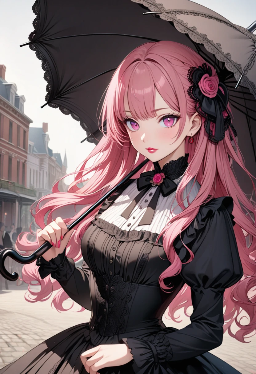 anime girl, hot pink hair, pink eyes, black dress, elegant, beautiful,  holding a black umbrella, victorian era, ultra detailed, slightly red lips 