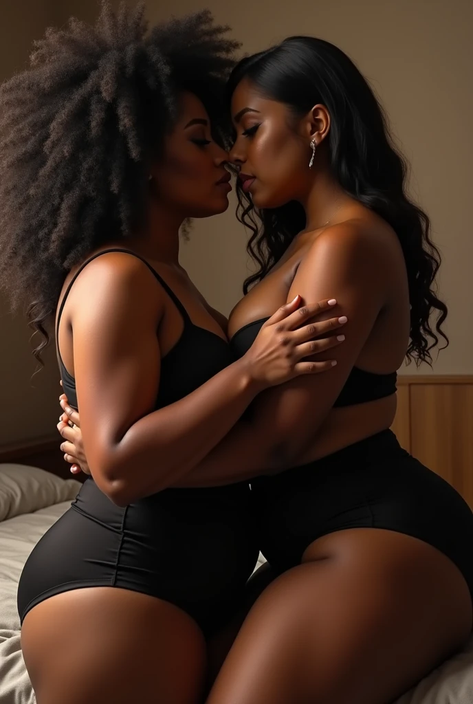 two light ebony females laying in bed eating each other out 