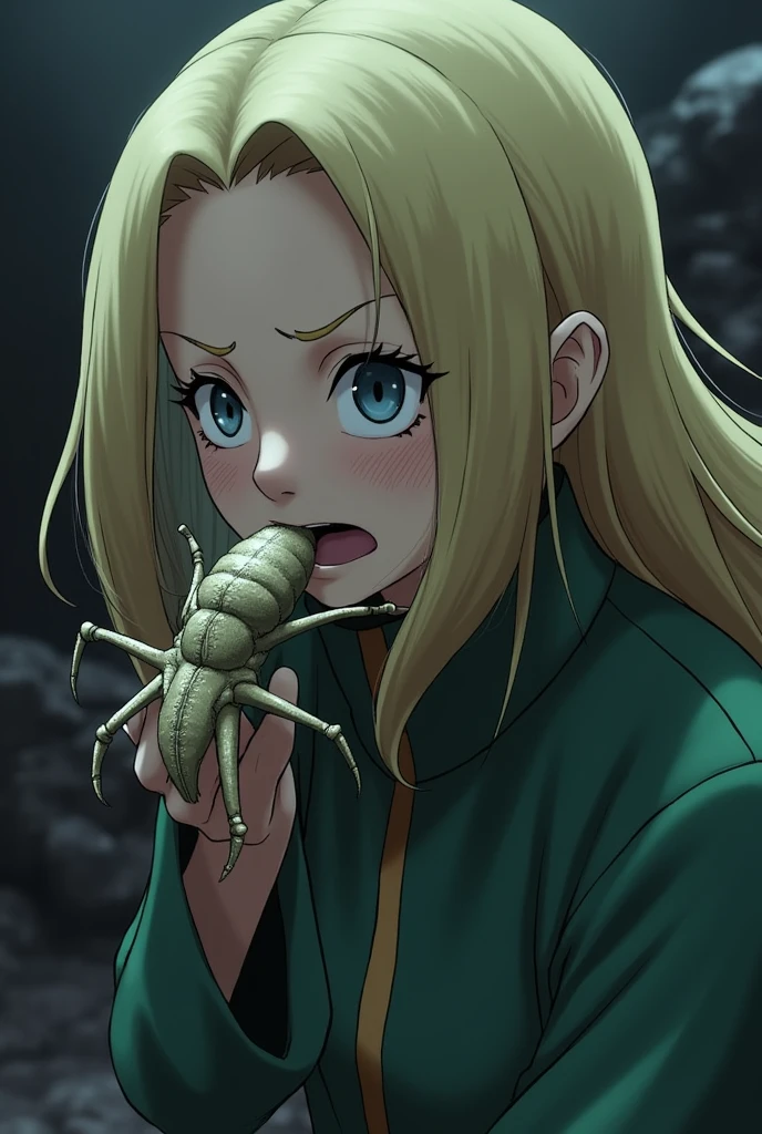 ((Highest quality)), ((masterpiece)), (detailed), (Perfect Face)、The woman is a naked slug alien, a female Tieryu Hatt from the Hat Clan, a slug-shaped alien with green eyes and medium-long blonde hair.