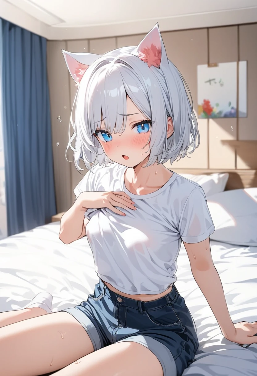 girl,hoodie,On the bed,Heterochromia Red Eyes Blue Eyes,Flat Chest,Cat ear,Feline tail,boy,play sex