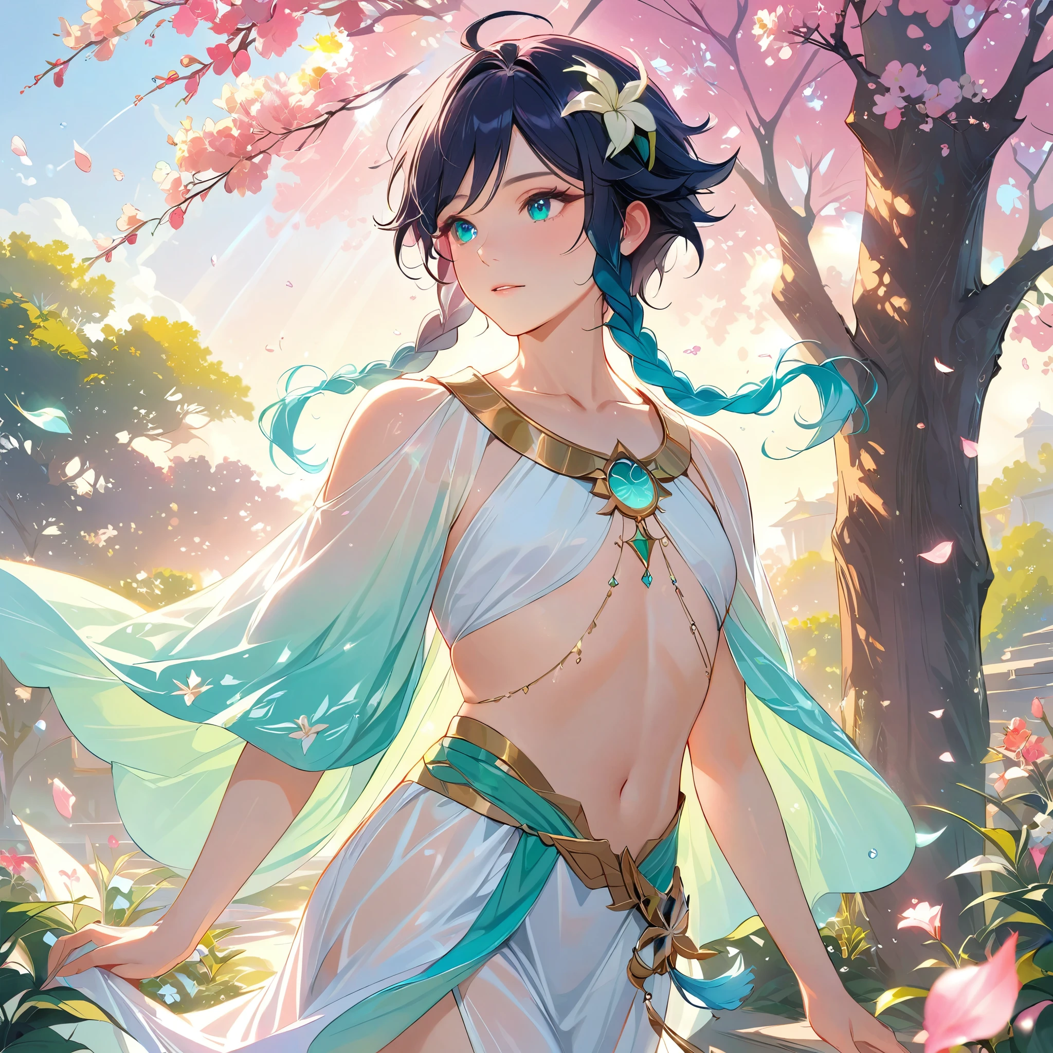 (best quality,4k,8k,highres,masterpiece:1.2),1boy,venti,genshin impact,black hair,ultra-detailed,(realistic:0.25),wearing simple white twist greek gown,morning of spring,sunlight reflection,intricate details,delicate,pastel color palette,elegant curves,effects of light and shadow,subtle reflections,face focus,sharp focus,flower petals falling,ethereal atmosphere,elysium,morning dew,soft sunlight filtering through trees,lush plant life,vividly colored blossoms,harmonious blend of nature and art,transcendent beauty,awe-inspiring artwork,flat chest,navy gradient hair in twin braids