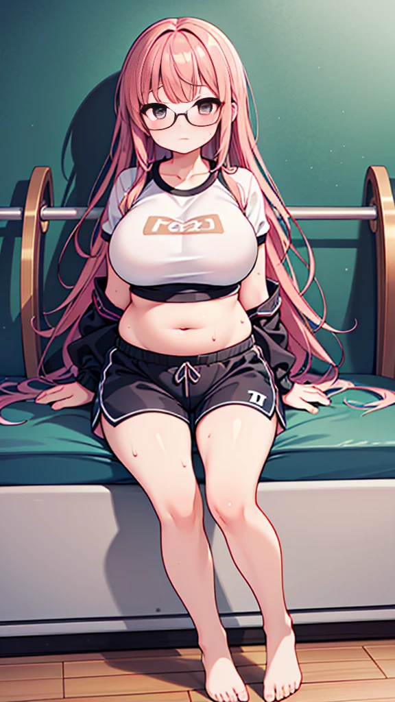 (Full body, very high quality, highly detailed)), (fat belly, big belly, enourmous belly, jiggly belly), belly bursting out of clothes, glasses, long hair, gym clothes, thight shorts, barefoot, sitting, ((sweating)), ((tired))