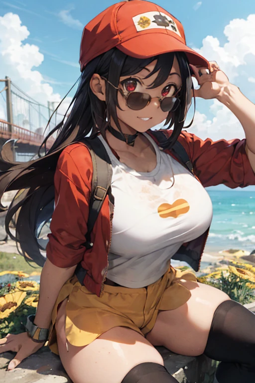 Cow girl, cow girl hat, cow ears , cow tail, big breasts, big boobs, micro shorts, tied shirt, red plaid tied shirt, dark brown skin, sun tan, soft smile, smug smile, smug