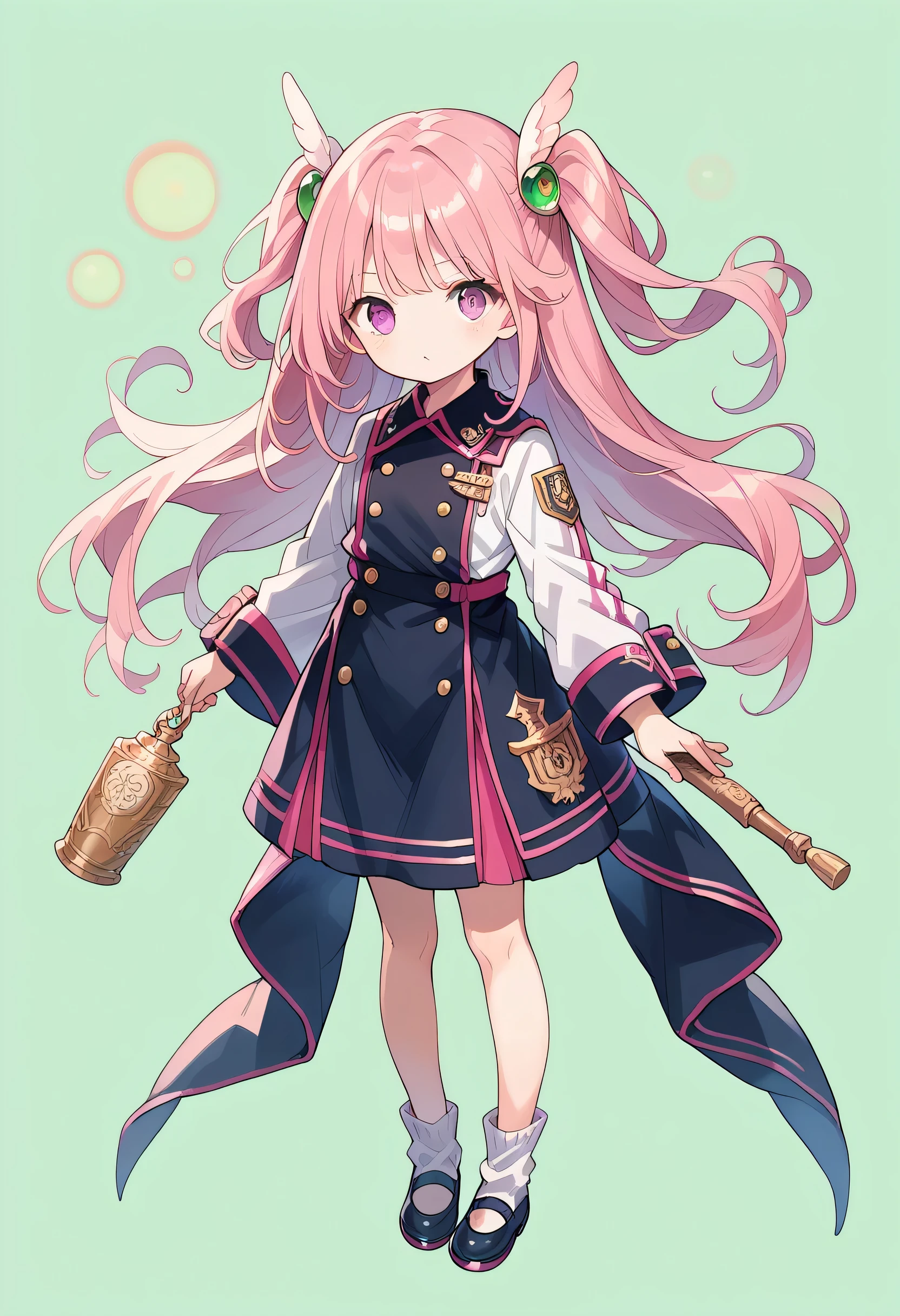 Anime girl pink hair,Pink Eyes,,Official character art,(((((whole body))))),uniform,standing,((((full body)))),toe,((simple background)),(green background),セーラー服, 