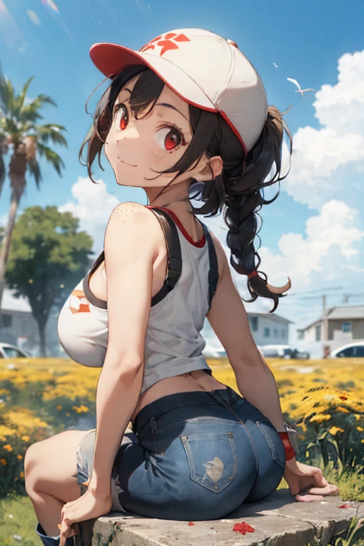 gloria \(pokemon\), masterpiece, best quality, highres, 1girl, brown hair, solo, shorts, side ponytail, orange hair, midriff, ((topless)), nipples, navel, short hair, denim, denim shorts, smile, cowboy shot, standing, peace_sign, outdoors, beret hat, small breasts, tears, blush, tongue out, saliva, long_tongue, nipple chain, photorealistic, octane render, 8 k, unreal engine