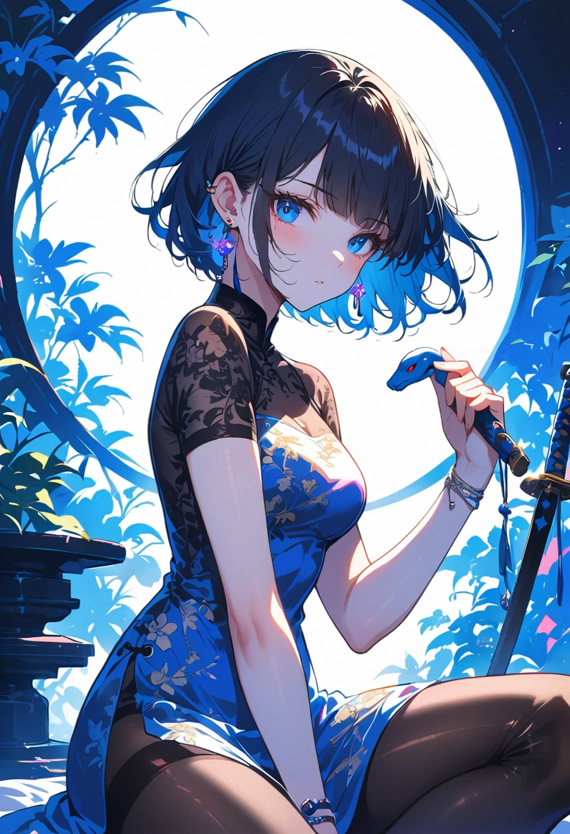 absurdres, RAW photo, extremely delicate and beautiful, masterpiece, Best Quality, ultra high resolution, 32k, hyperrealistic, ultra-detailed, detailed description, pale skin, 20 years old, delicate facial features, detailed beautiful face and eyes, tearful mole, earring, very huge round breasts, short medium hair, wavy hair, full body shot, cheongsam, halterneck,