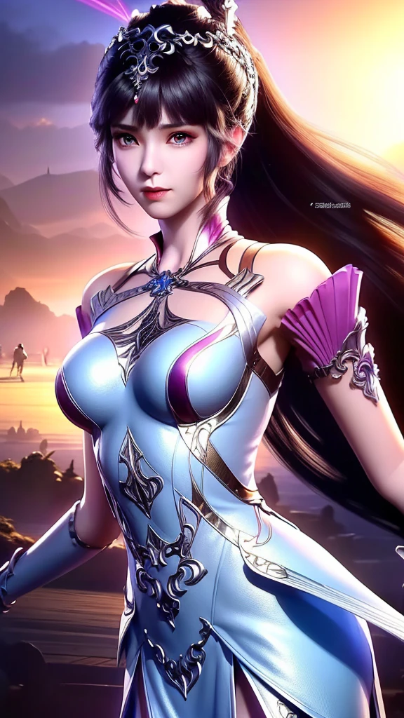 a woman with honeybun hair, beautiful detailed eyes, beautiful detailed lips, extremely detailed face, long eyelashes, wearing a white airy dress, dancing in the rain, in a lush garden on Alderaan, flying sky whales in the background, 1girl, digital art, oil painting, cinematic lighting, warm colors, dramatic, hyperrealistic, 8k, best quality, masterpiece, photorealistic, ultra-detailed