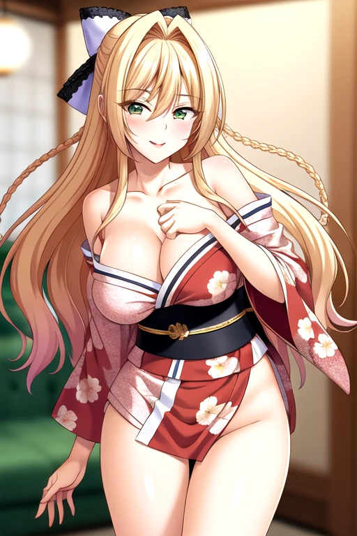 Japanese kimono with floral pattern，Off the shoulder,1 girl,20-year-old, ,large chest, young woman,fair Finger,fair long legs,fair body,fair Nose,fair character design, Perfect Eyes, perfect face,Expressive eyes, Looking towards the audience,(lead_body),(Focus on her face), Official Art,Very detailedな CG ユニティ 8k 壁紙, Perfect Lighting,rich and colorful, bright_front_face_Light,發Light的皮膚, (masterpiece:1.0),(the best_quality:1.0), Ultra-High resolution,4K,Very detailed, photograph, 8k, Human Development Report, High resolution, Absurd:1.2, Kodak Portrait 400, Film Grain, Blurred Background, Bokeh:1.2, 鏡頭Light暈, (Energetic_color:1.2) (fair,Target_chest:1.2), (fair_face:1.5),(narrow_Waist), 笑face, Happy